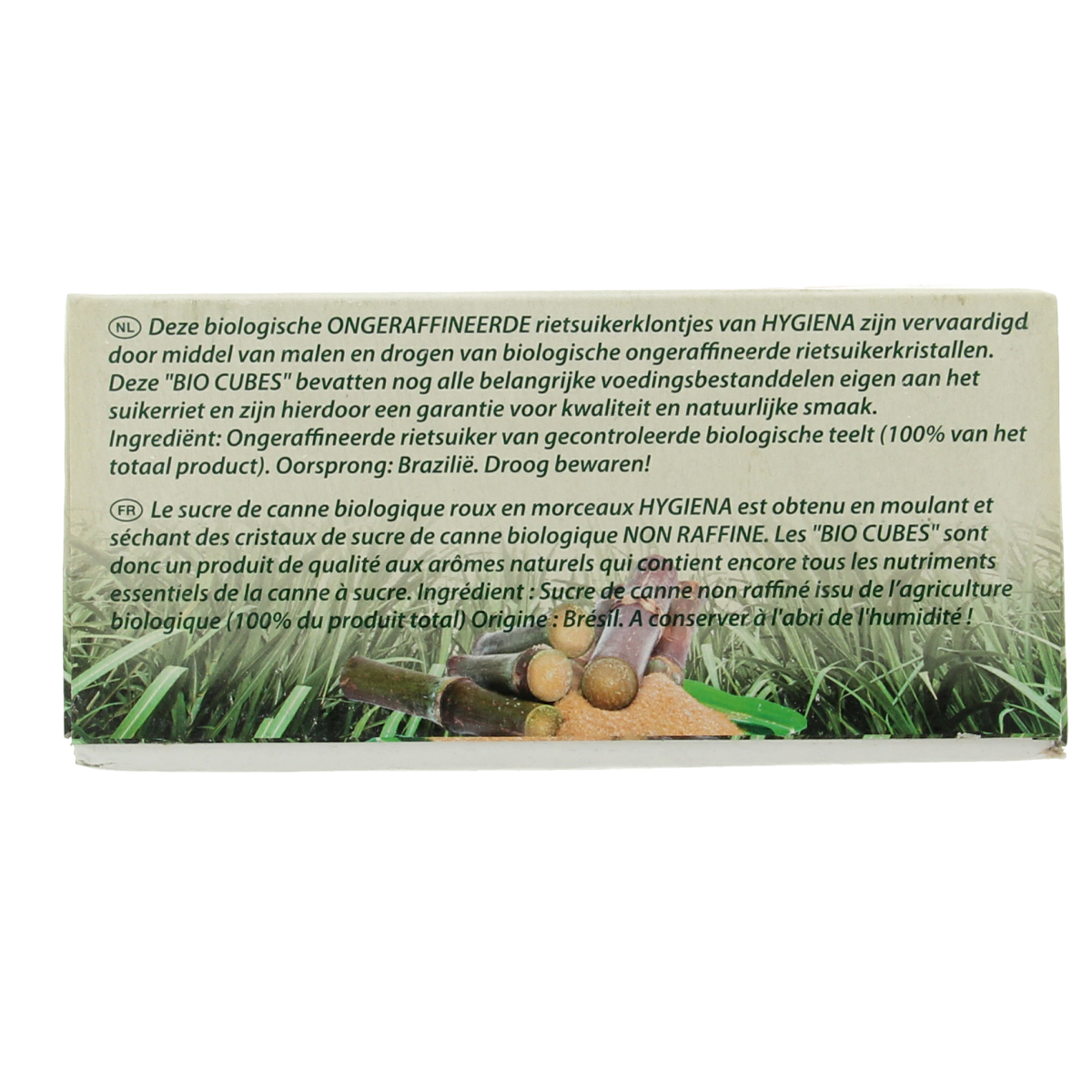 Hygiena Cubes organic rietsuikerklontjes in 500g pack, natural brown sugar cubes for sweetening beverages.