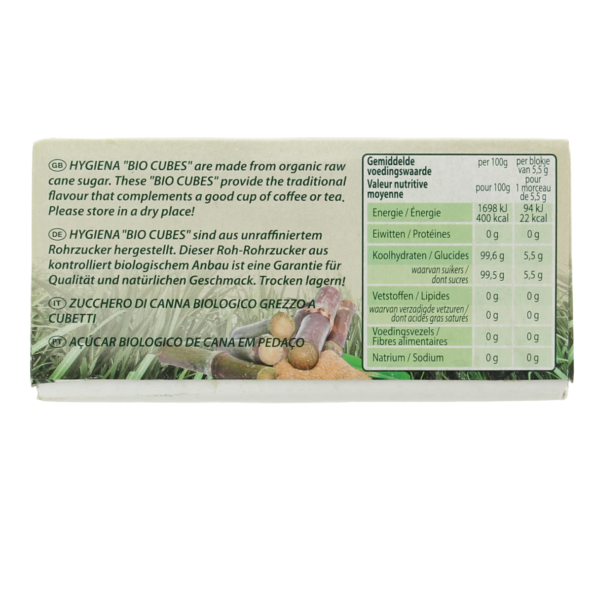 Hygiena organic sugar cubes in a 500g package, natural rietsuikerklontjes for sweetening beverages and desserts