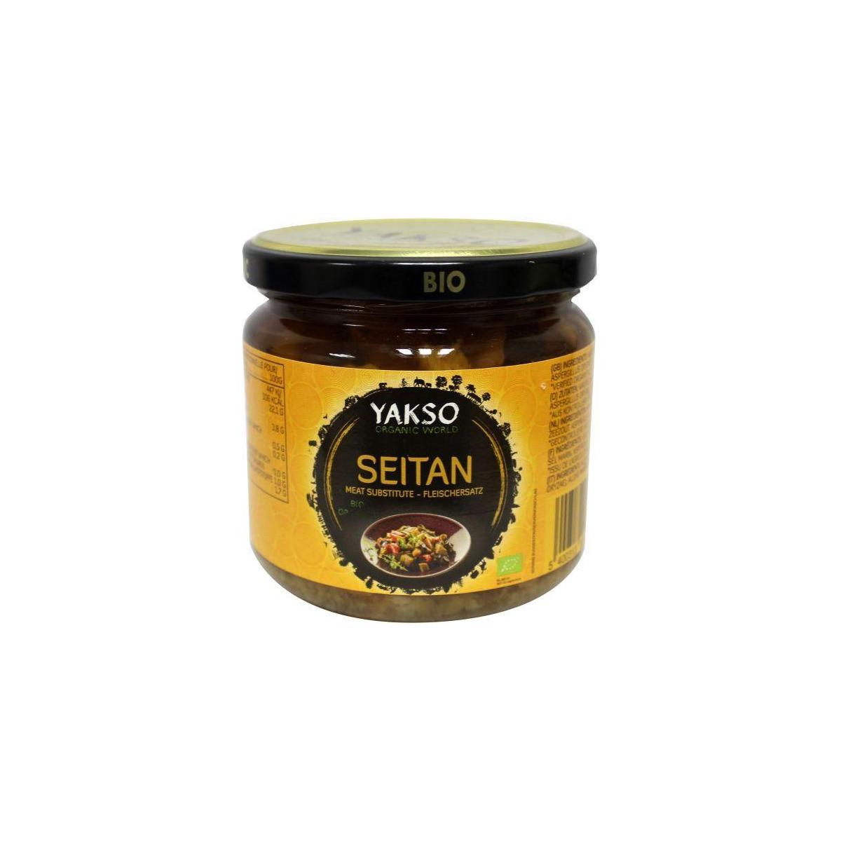 Yakso Seitan in tamarisaus bio, 330ml, plant-based meat substitute with rich tamari sauce, shown in a glass bottle.
