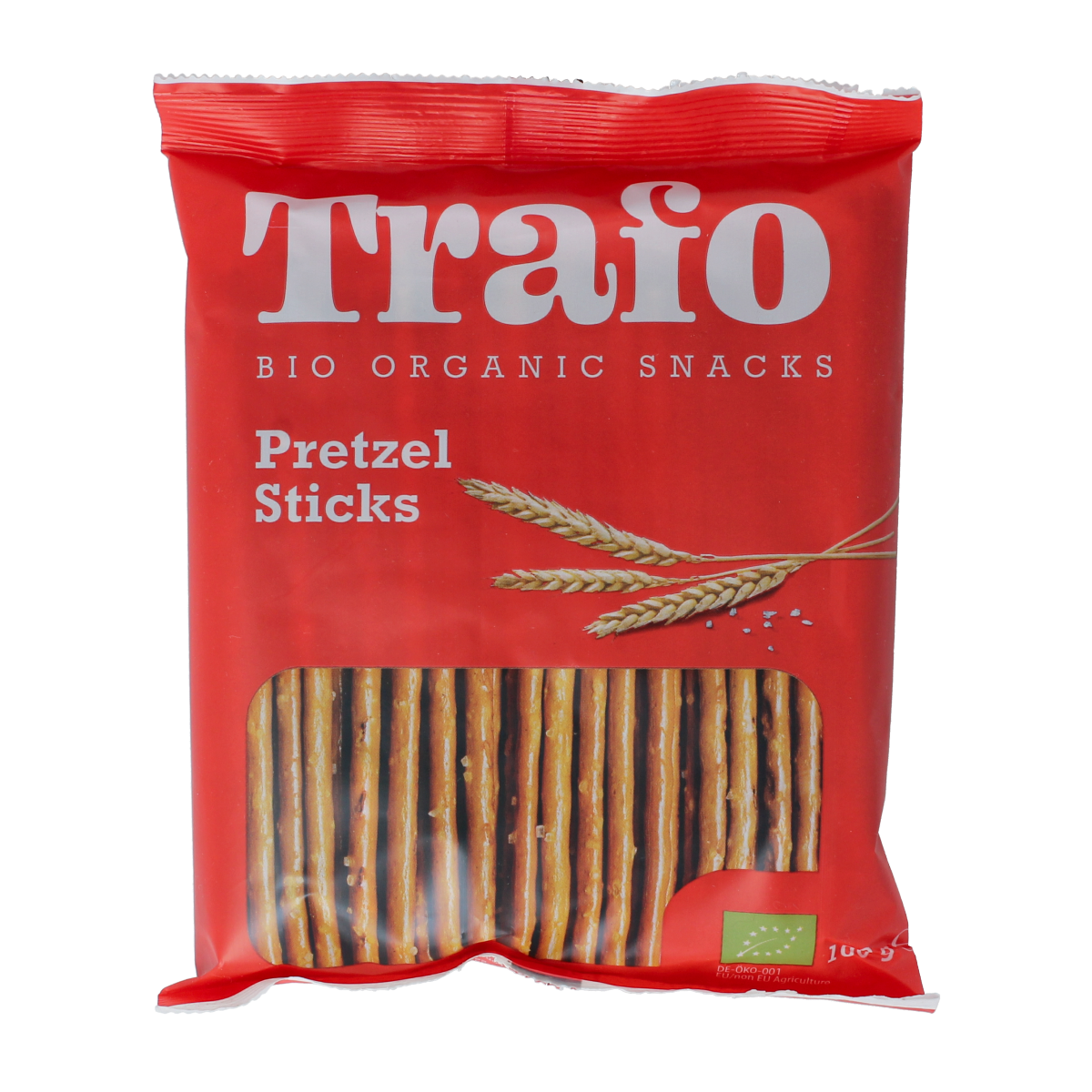 Trafo Bio Pretzel Sticks 100g, crunchy chips and zoutjes snack with whole grain pretzels in a clear package.