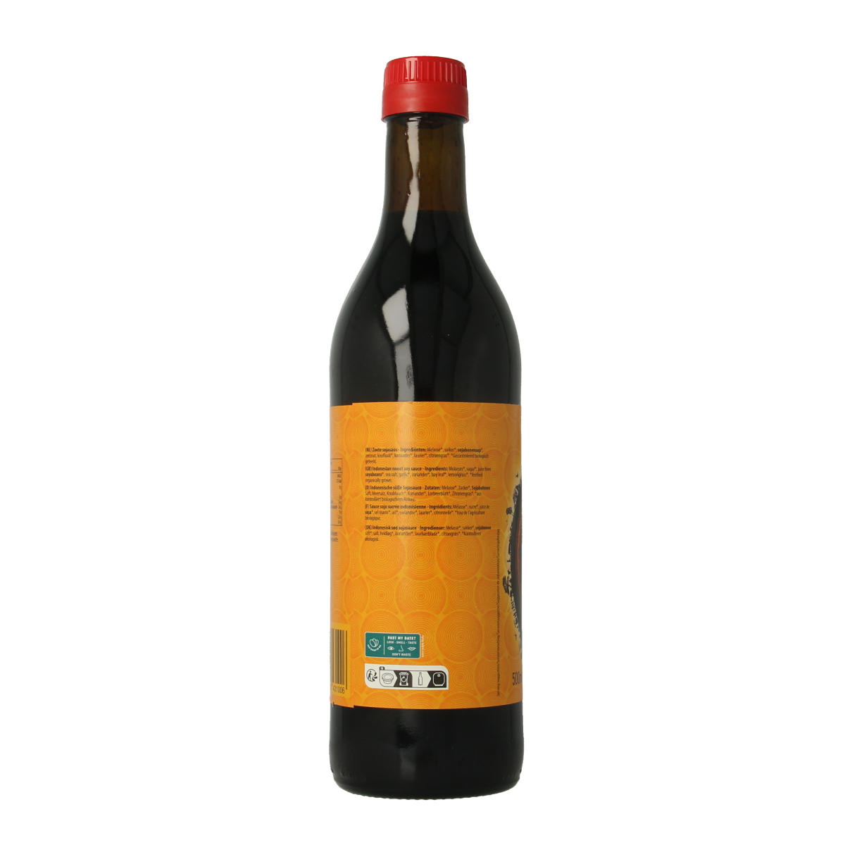 Bottle of Yakso Ketjap Manis bio soy sauce in a 500ml bottle, featuring dark caramelized sauce for Indonesian cuisine.