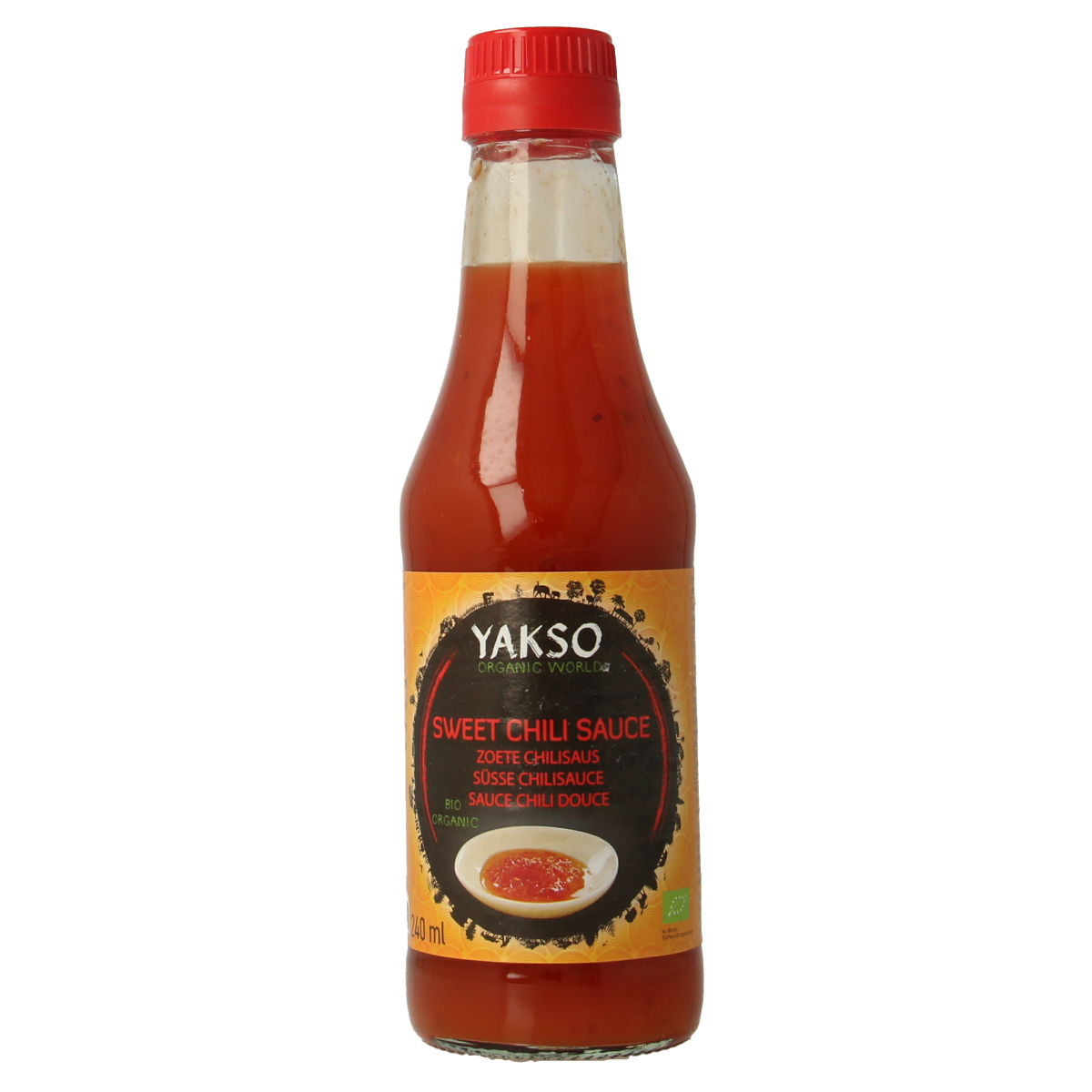 Yakso organic sweet chili sauce bottle, 240ml, with red and orange label, showcasing the sauzen en smaakmakers product.