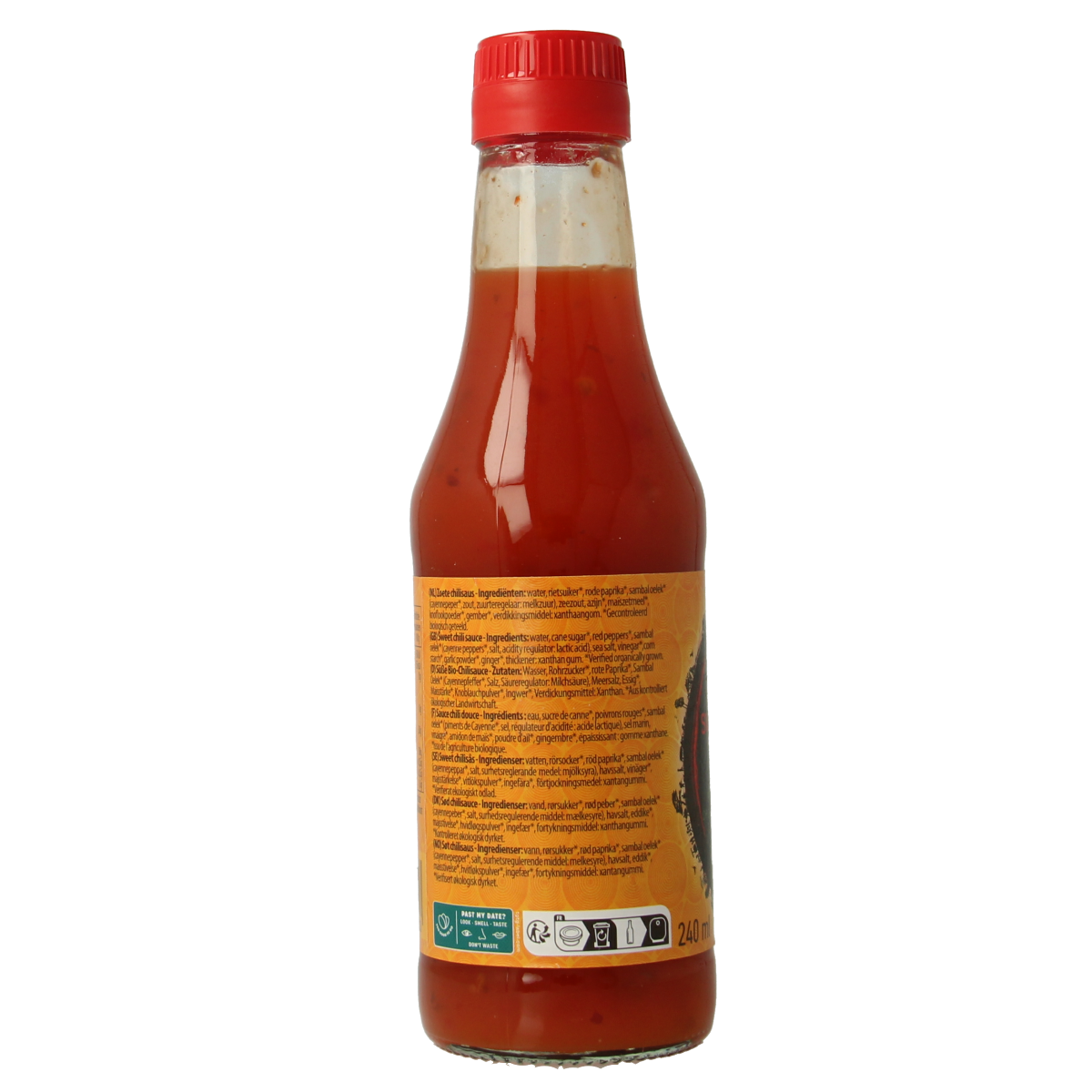 Yakso organic sweet chili sauce in 240ml bottle, showing the colorful label and squeeze-top cap.