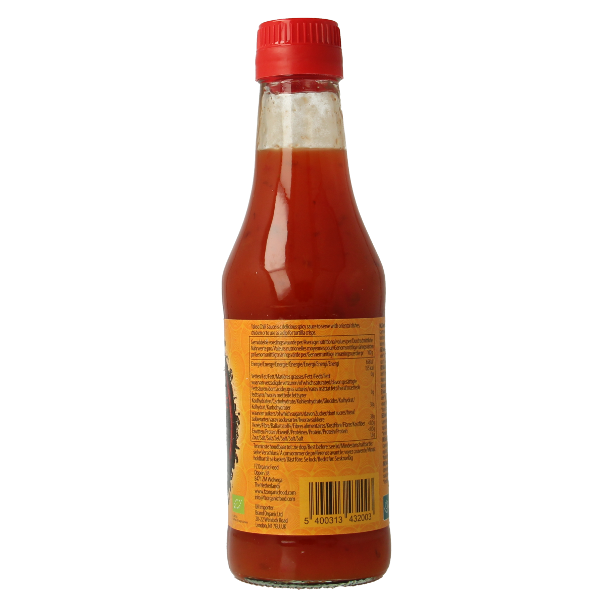 Yakso sweet organic chili sauce in a 240ml bottle, showcasing the colorful sauce with a label on a white background.
