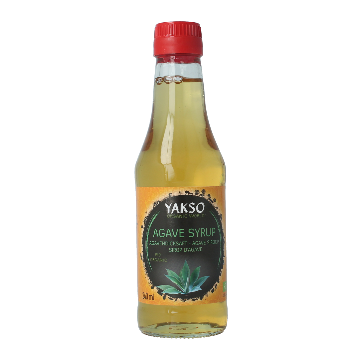 Bottle of Yakso Agave bio syrup in 240ml, natural sweetener for cooking and baking, with a clear label and measuring cap.