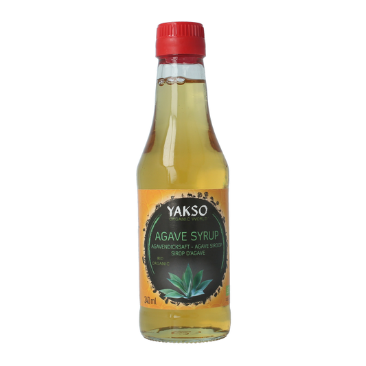 Bottle of Yakso Agave bio syrup in 240ml, natural sweetener for cooking and baking, with a clear label and measuring cap.