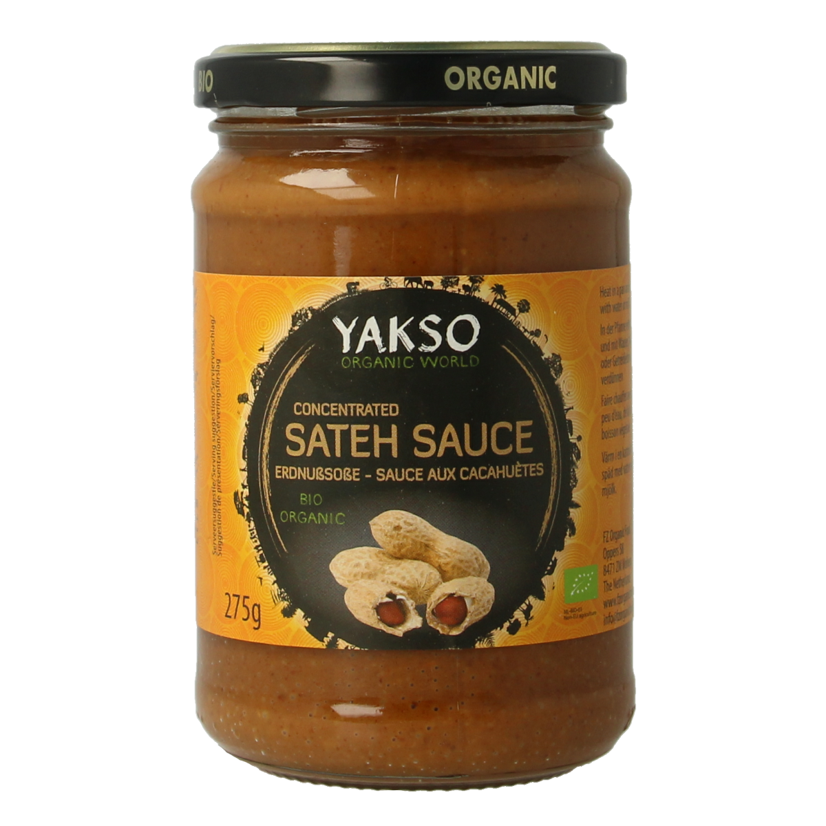 Bottle of Yakso organic satay sauce in 275g jar, showcasing the sauce's rich, creamy texture and label on the packaging.