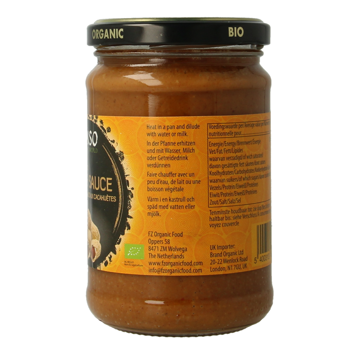 Yakso bio satesaus in 275g jar, creamy peanut sauce with authentic flavor, perfect for Asian dishes and marinades.