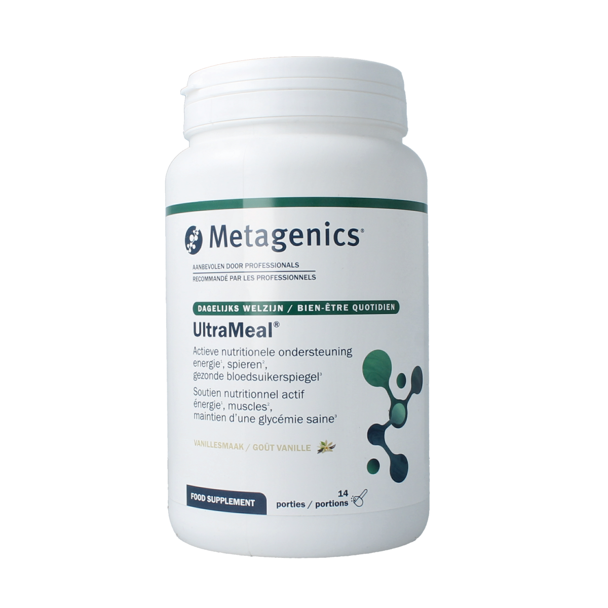 Metagenics Ultra Meal Vanille amino acid supplement in 630g container, featuring vanilla flavor and nutritional ingredients.