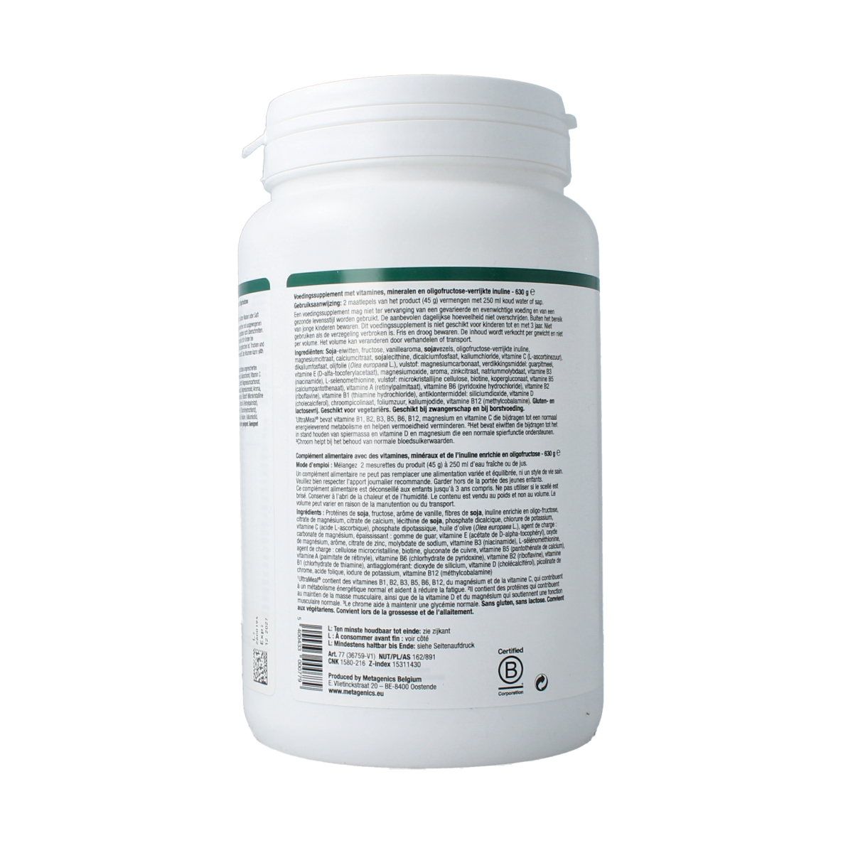 Metagenics Ultra Meal Vanille amino acid supplement in 630g container, featuring vanilla flavor and nutritional aminozuren.