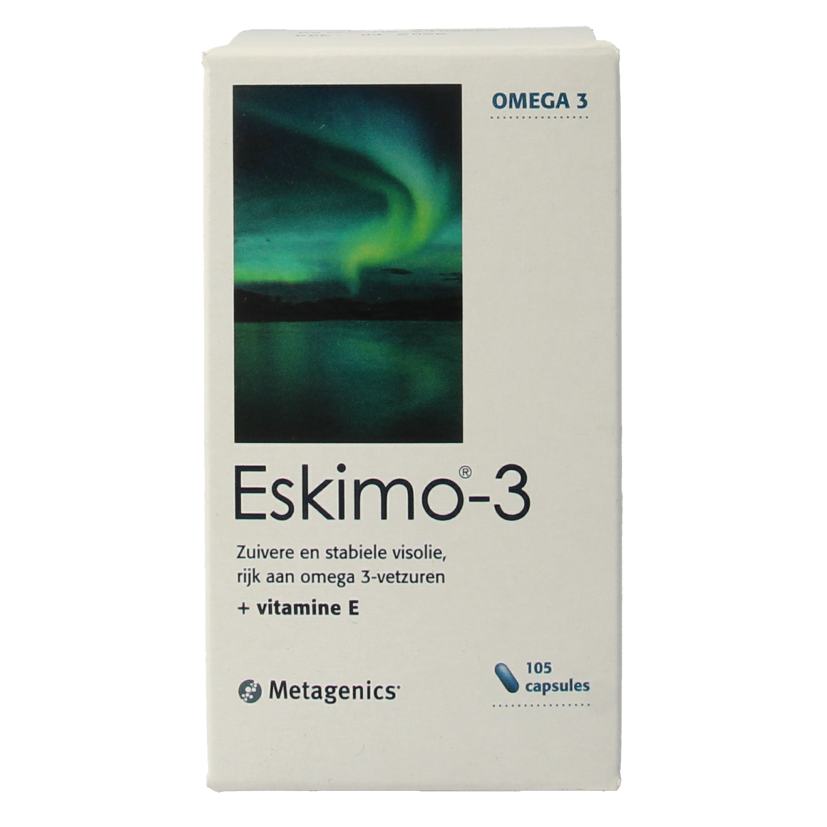 Bottle of Metagenics Eskimo 3 Vetzuren capsules, omega-3 supplement with 105 softgel capsules for healthy heart and brain support.