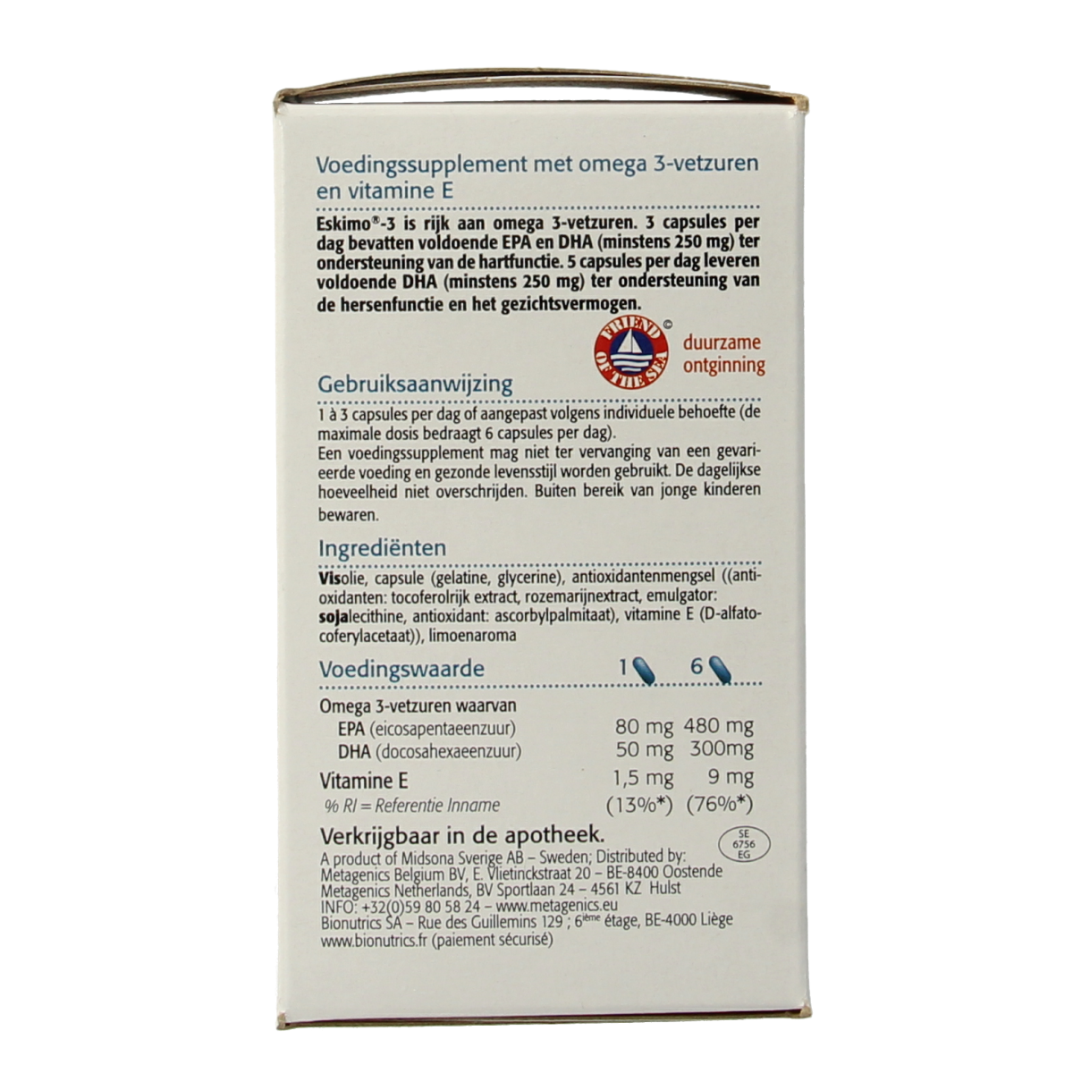 Metagenics Eskimo 3 Vetzuren omega-3 capsules, golden softgel supplements for heart and brain health.