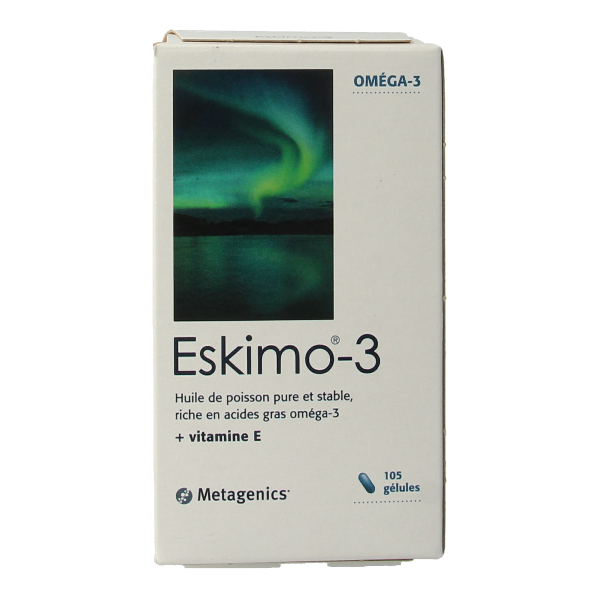 Metagenics Eskimo-3 Vetzuren capsules, omega-3 supplement with 105 capsules, shown in a bottle with label and capsules inside.