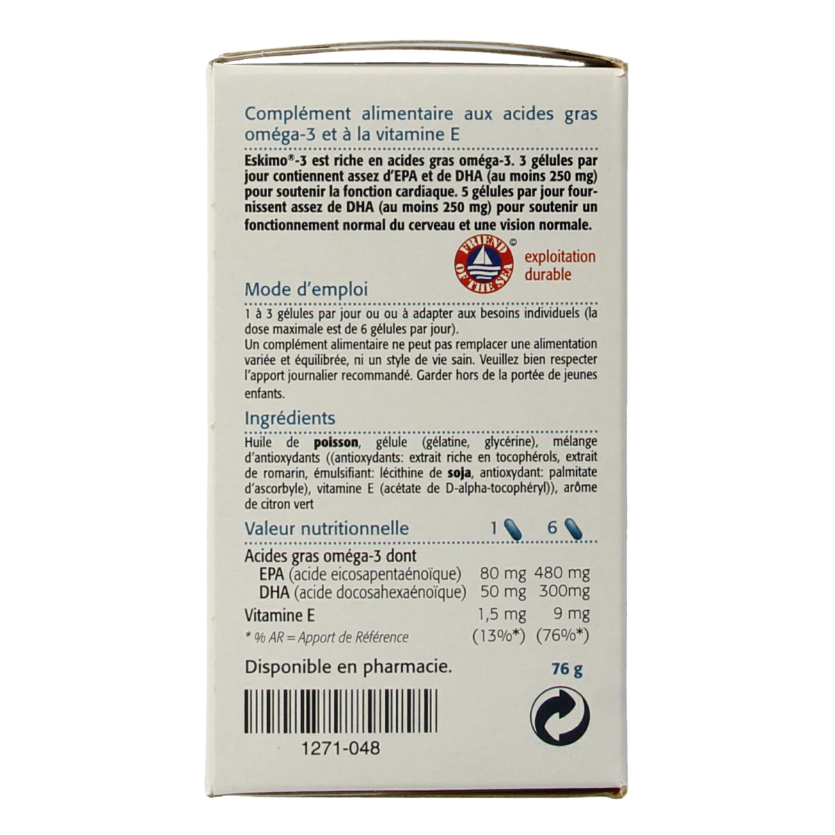 Metagenics Eskimo 3 Vetzuren capsules, omega-3 fish oil supplement, in a bottle with capsules visible inside.