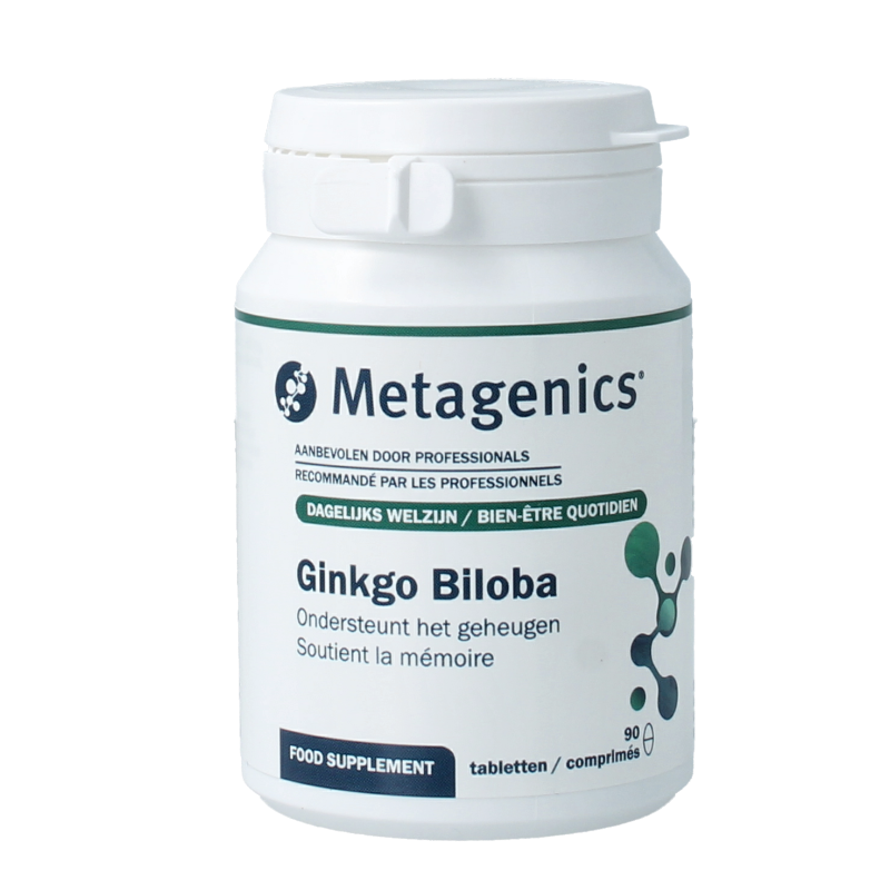 Metagenics Ginkgo biloba herbal supplement in a bottle of 90 tablets, natural herbal remedy for cognitive support.
