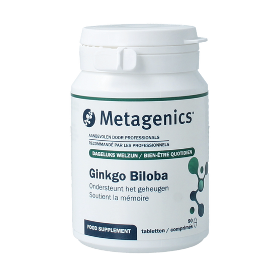 Metagenics Ginkgo biloba herbal supplement in a bottle of 90 tablets, natural herbal remedy for cognitive support.