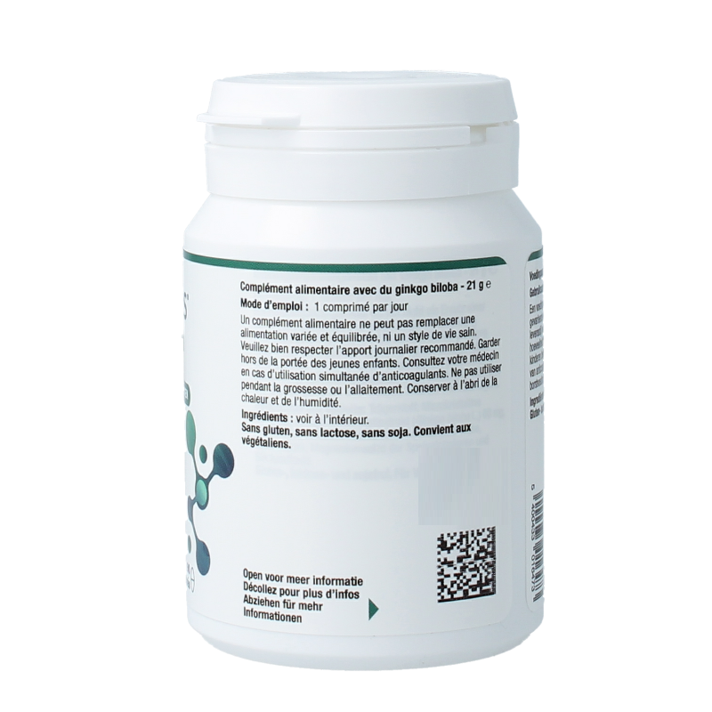 Metagenics Ginkgo biloba herbal supplement in 90 tablets, showing the product packaging and tablets inside the bottle.