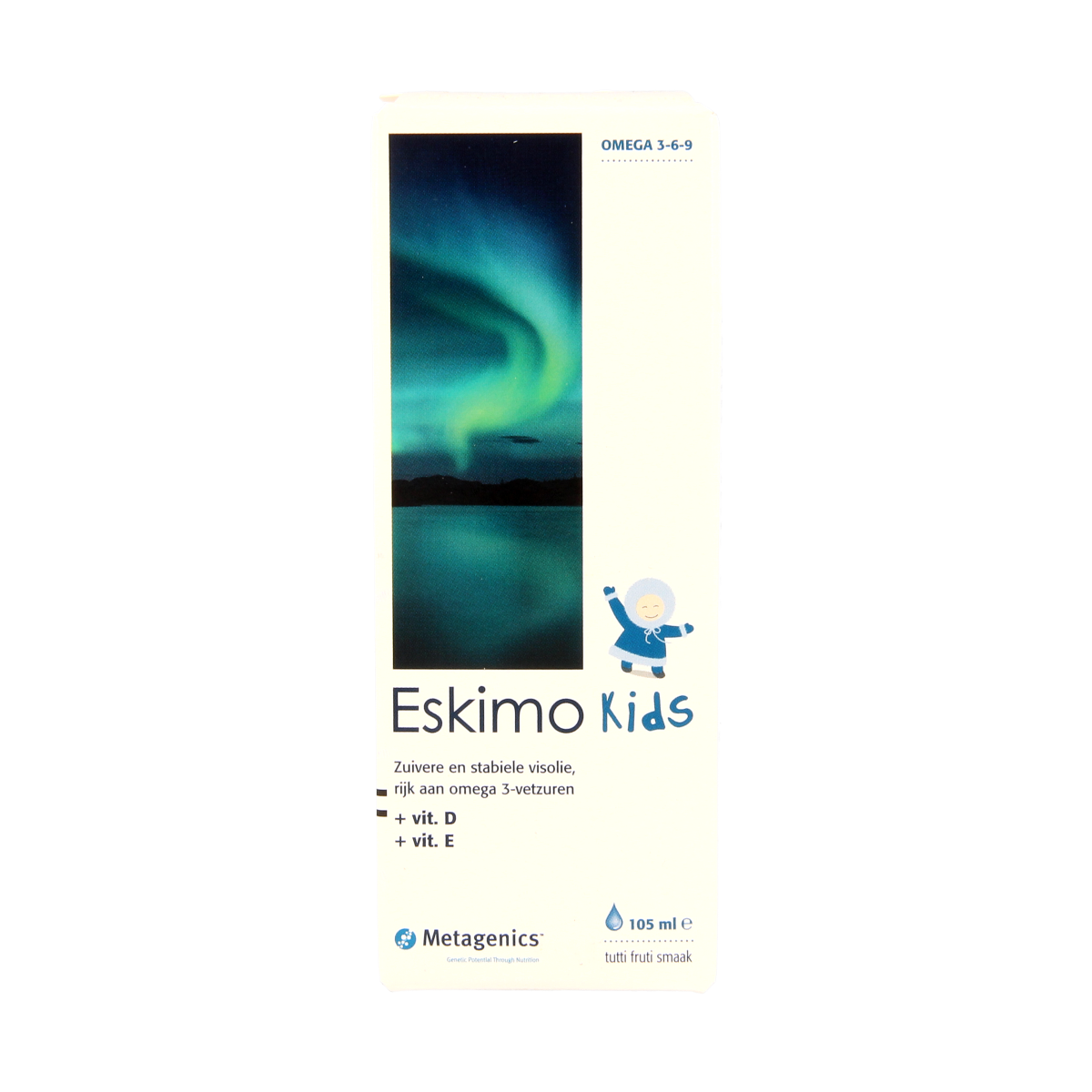 Metagenics Eskimo 3 Kids tutti frutti fish oil supplement in a 105ml bottle, colorful packaging with kids-friendly design.