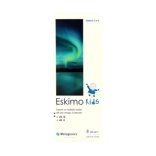 Metagenics Eskimo 3 Kids tutti frutti fish oil supplement in a 105ml bottle, colorful packaging with kids-friendly design.