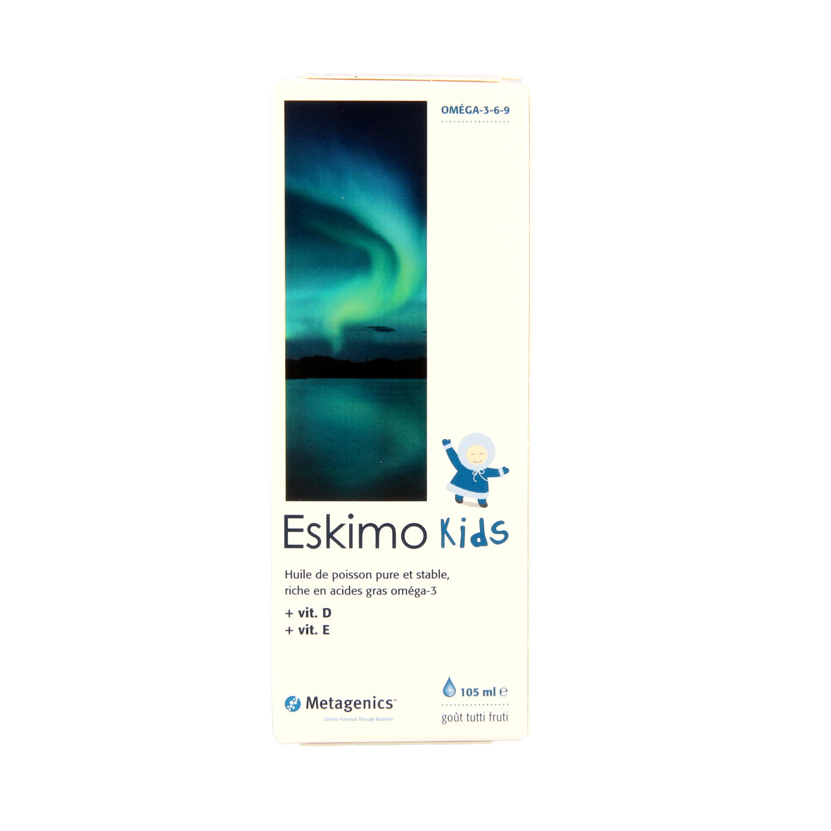 Metagenics Eskimo 3 Kids tutti frutti fish oil supplement, 105ml bottle with colorful tutti frutti flavor label.