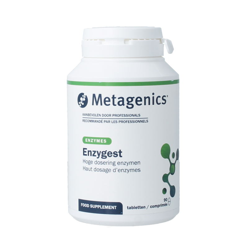 Metagenics Enzygest 90 tablets, dietary fibers and enzymes supplement, showing the bottle and tablets inside.