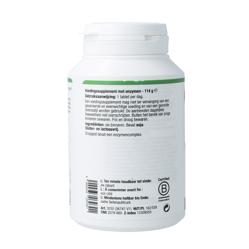 Metagenics Enzygest 90 tablets, dietary supplement with fibers and enzymes, shown in blister pack on white background.