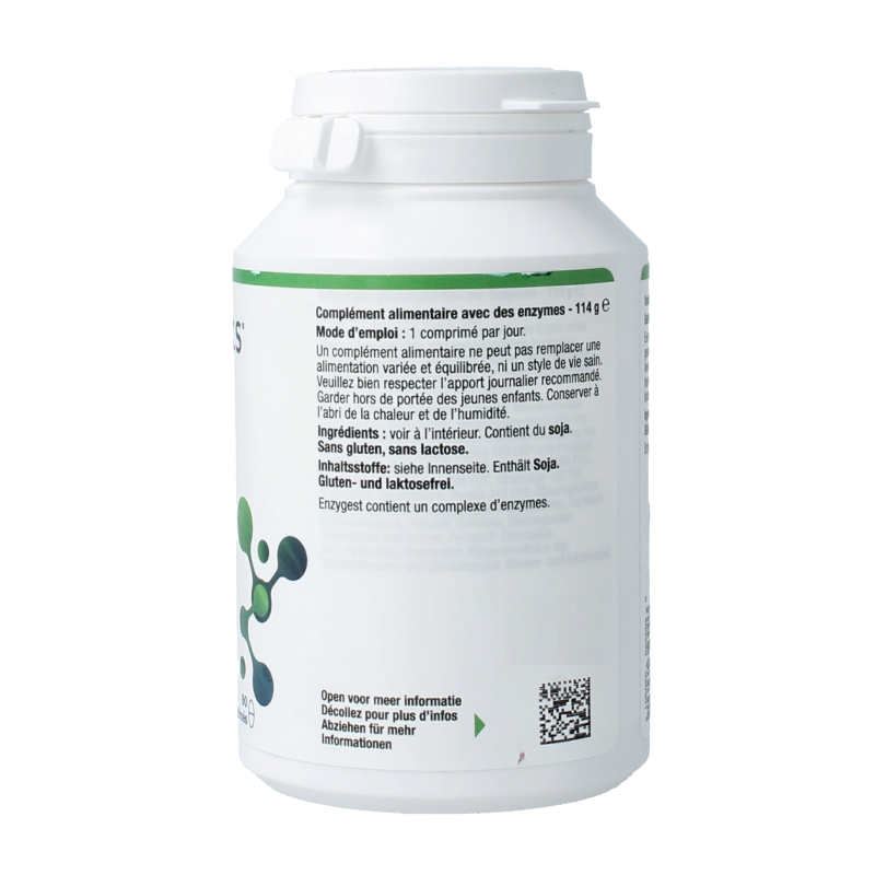 Metagenics Enzygest 90-tablet bottle showing tablets and label with product details for digestive enzyme and fiber supplement.