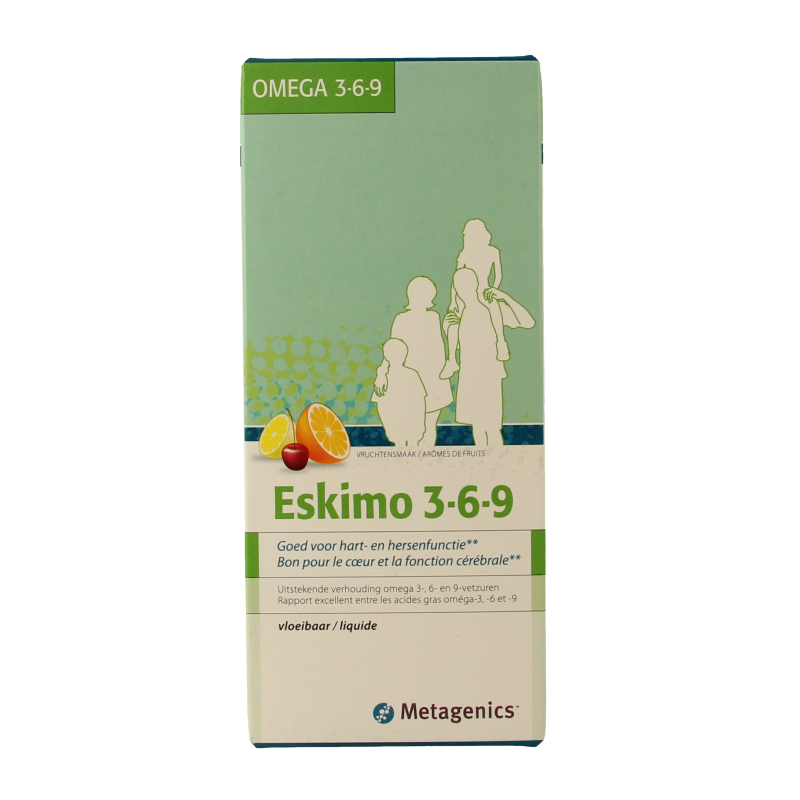 Metagenics Eskimo 3-6-9 omega fatty acids in a 210ml bottle, showing the Vetzuren supplement with fish oil and plant-based ingredients.