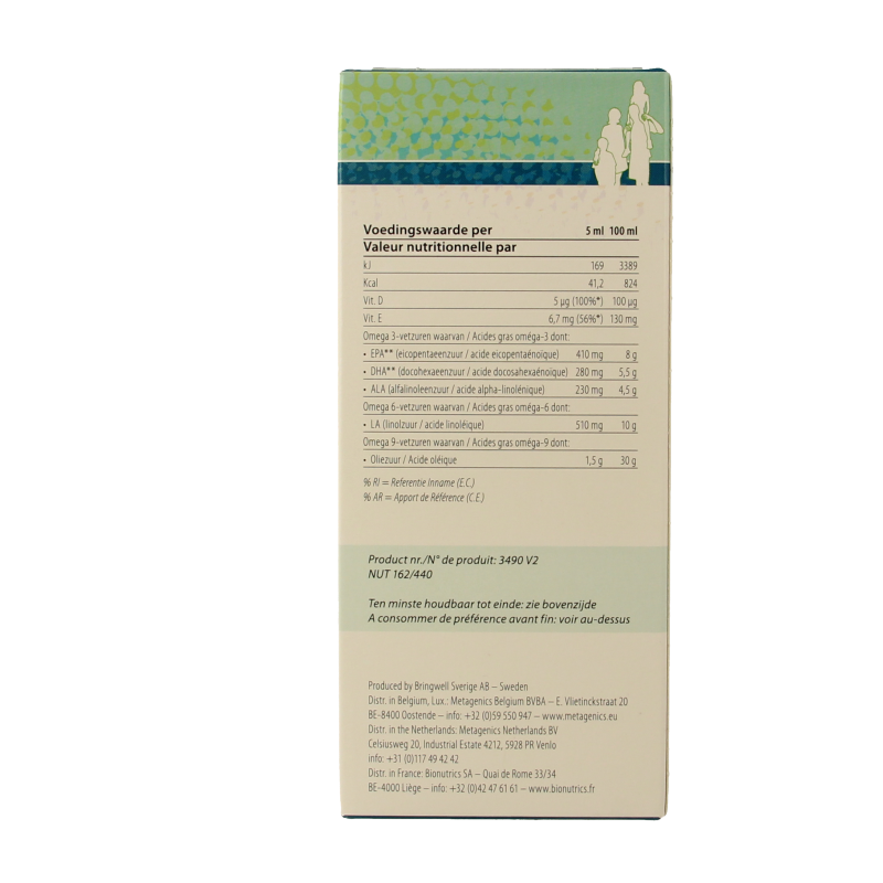 Metagenics Eskimo 3-6-9 omega fish oil supplement in 210ml bottle, featuring a label with fish illustrations and product details.
