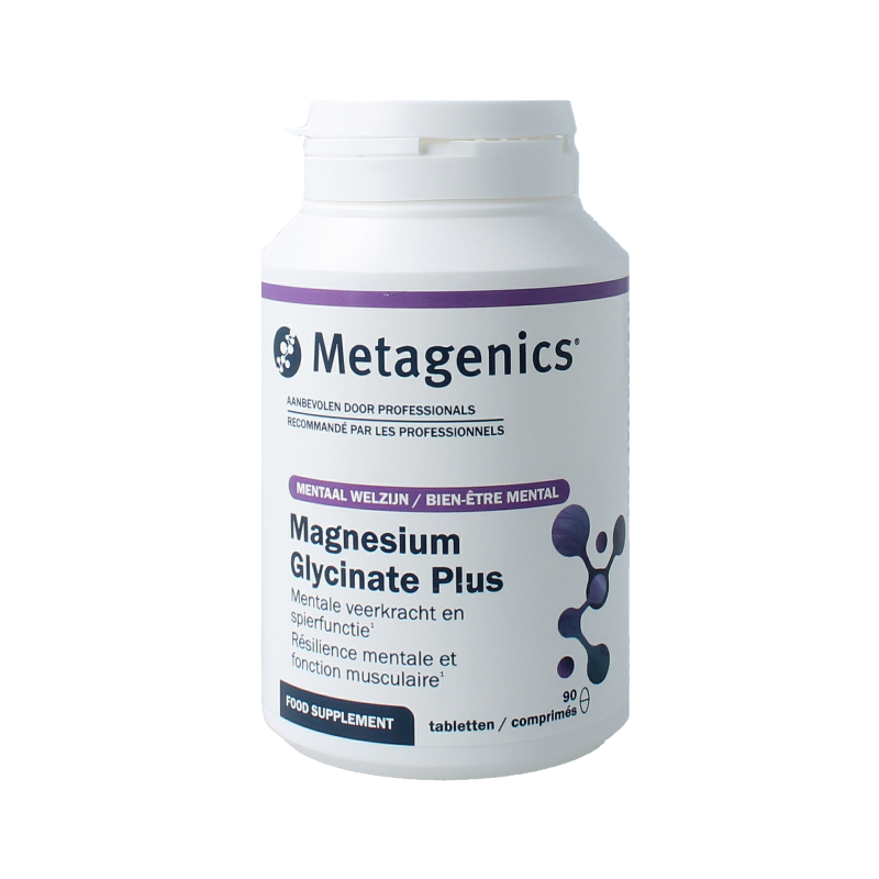 Metagenics Magnesium Glycinate Plus 90 tablets, mineral supplement with white tablets in a blister pack.