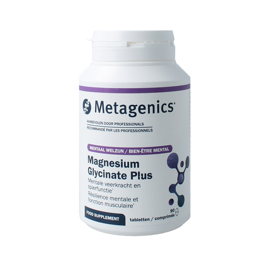 Metagenics Magnesium Glycinate Plus 90 tablets, mineral supplement with white tablets in a blister pack.