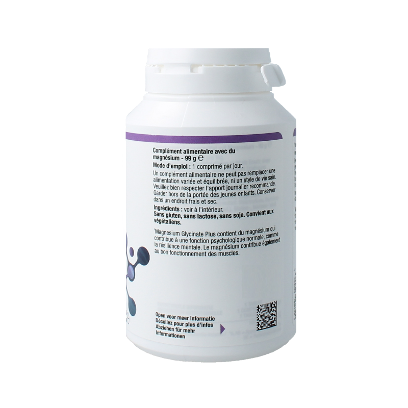 Metagenics Magnesium Glycinate Plus 90 tablets, a mineral supplement with white tablets in a bottle.