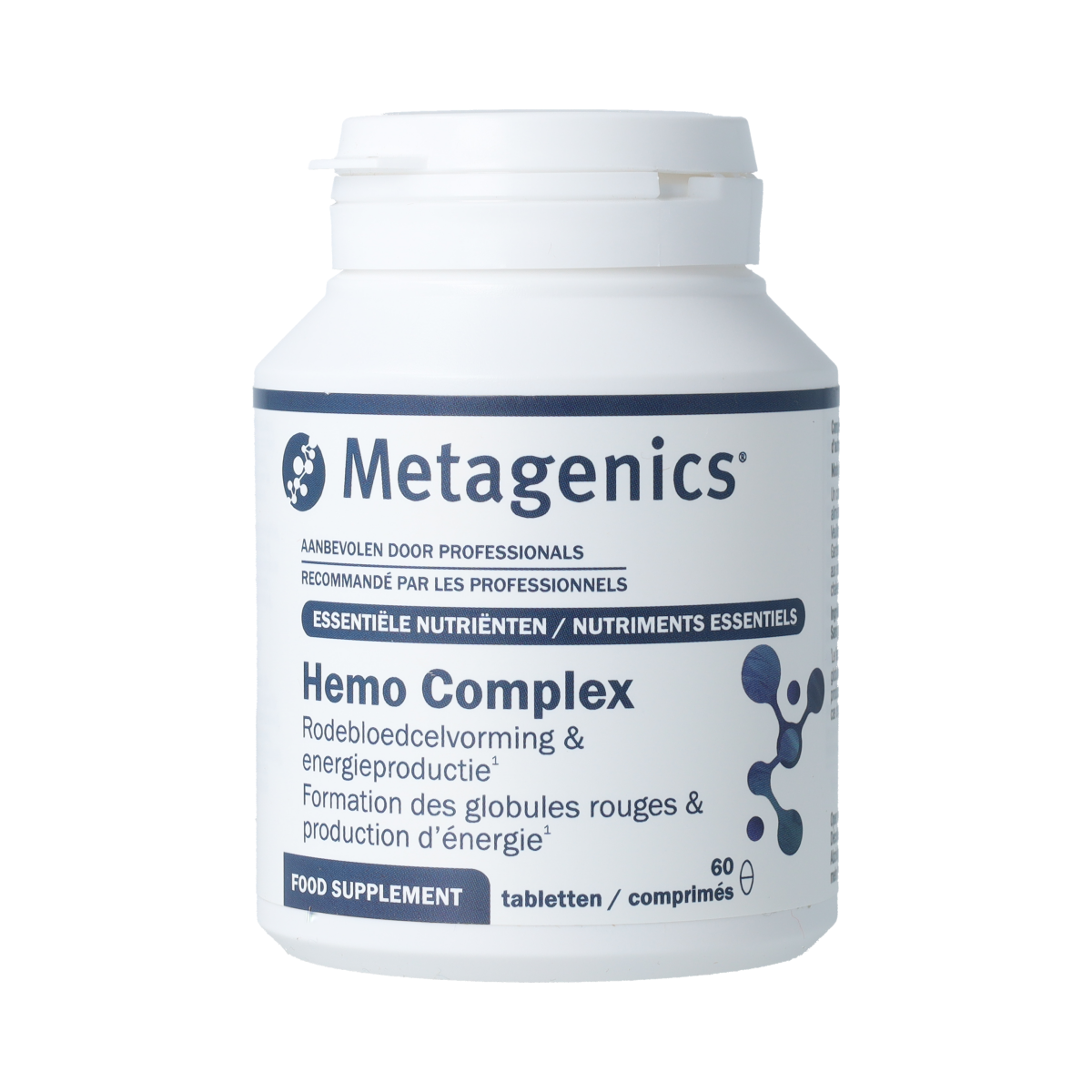 Metagenics Hemo Complex multivitamin tablets in a bottle, dietary supplement for blood health with 60 tablets.