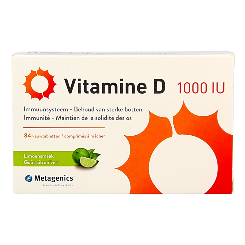 Metagenics Vitamin D 1000IU chewable tablets for adults, showing the supplement packaging with tablets inside