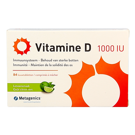 Metagenics Vitamin D 1000IU chewable tablets for adults, showing the supplement packaging with tablets inside