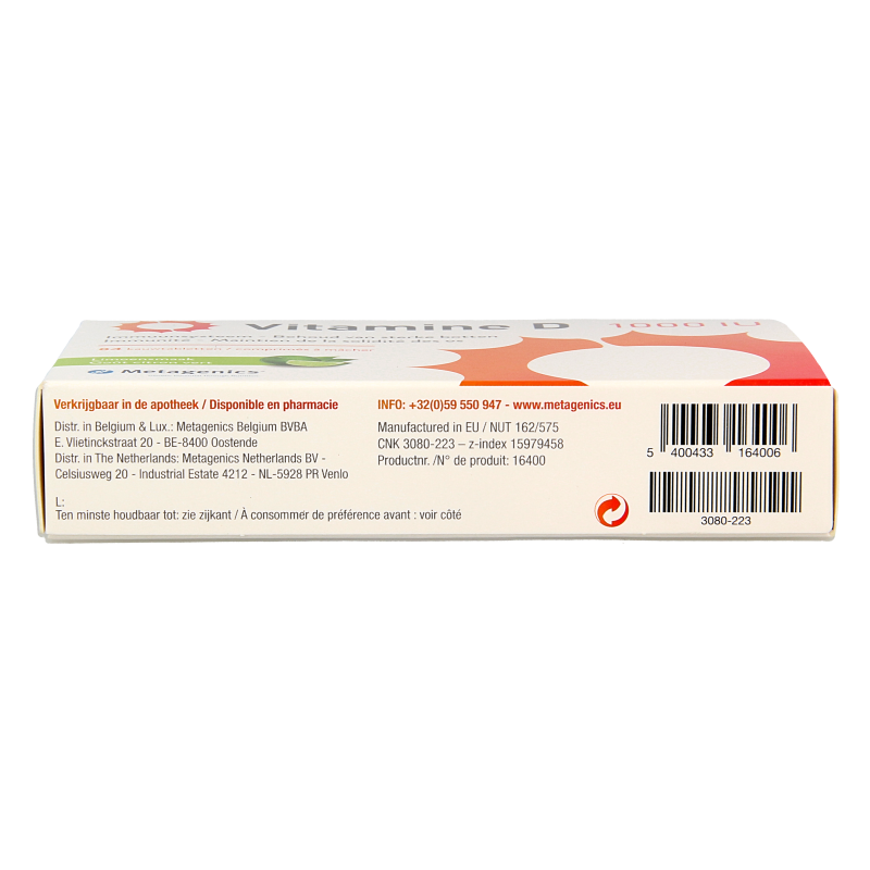 Metagenics Vitamin D 1000IU chewable tablets, natural supplement for immune support and bone health, shown in bottle with tablets.
