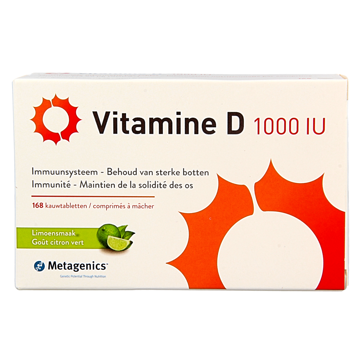 Metagenics Vitamin D 1000IU supplement in a bottle of 168 tablets, showing the product label and tablets.