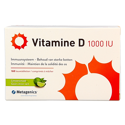 Metagenics Vitamin D 1000IU supplement in a bottle of 168 tablets, showing the product label and tablets.