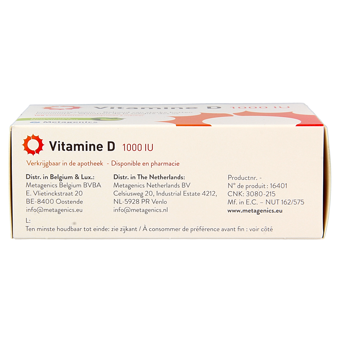 Metagenics Vitamin D 1000IU supplement in a bottle of 168 tablets, showing the product packaging and tablets inside.