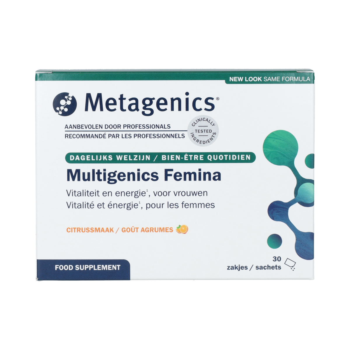 Metagenics Multigenics Femina multivitamin sachets for women, showing colorful sachets with vitamin supplement packaging.