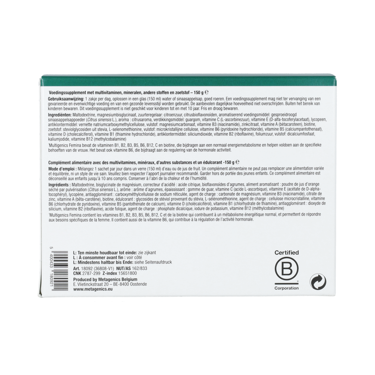 Metagenics Multigenics Femina multivitamin sachets, dietary supplement with colorful sachets on a white background.