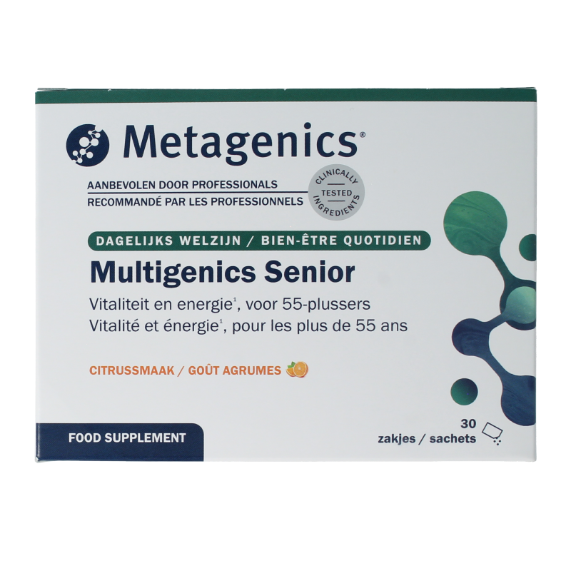 Metagenics Multigenics Senior multivitamin sachets, dietary supplements for older adults, with colorful packaging and individual sachets.
