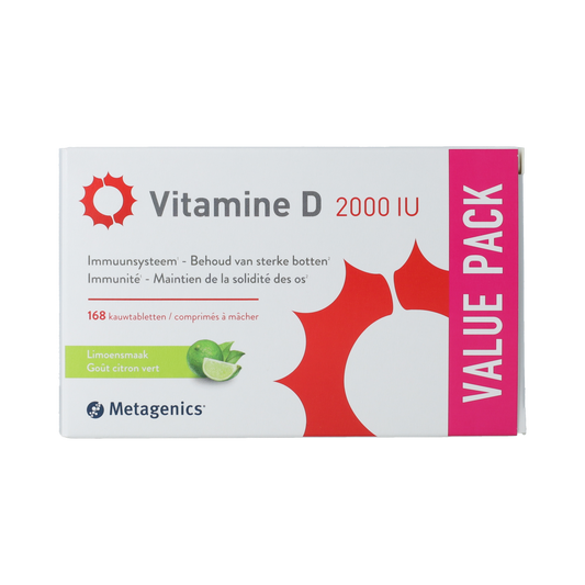 Metagenics Vitamin D 2000IU supplement in a bottle of 168 tablets, showing the label and tablets inside the container.