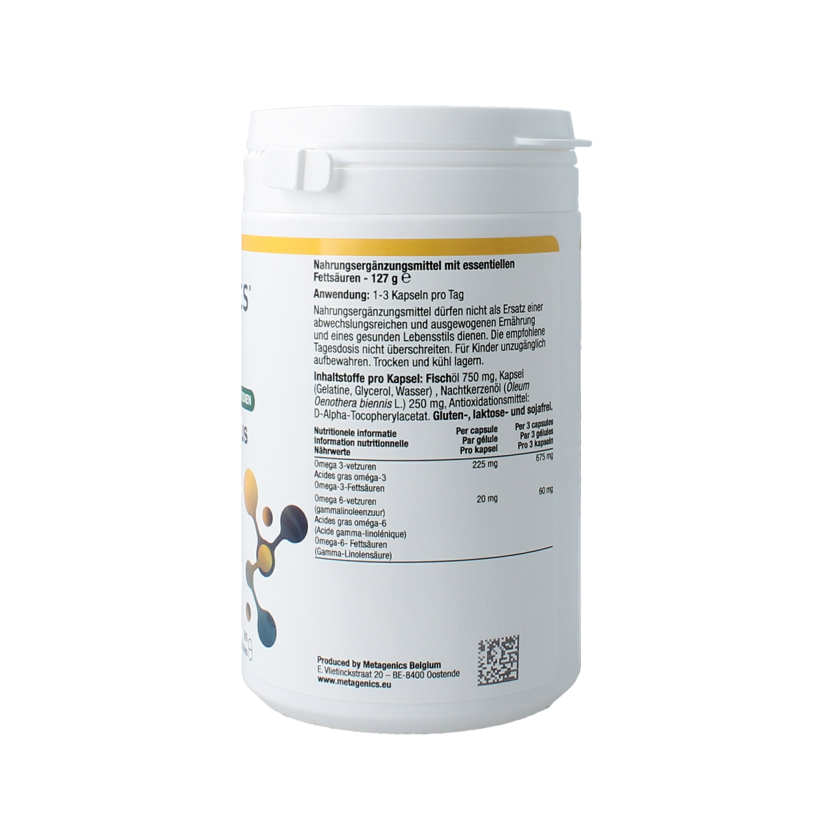 Vetzuren Omega Super Plus capsule bottle by Metagenics, showing 90 softgel capsules for omega-3 health support.