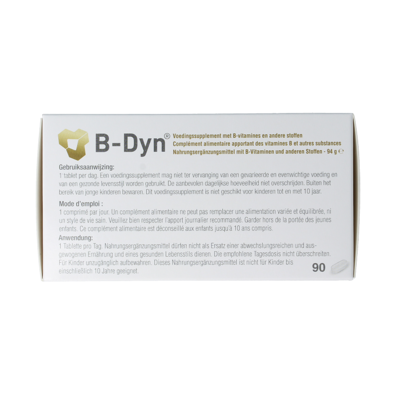 Metagenics B-Dyn multivitamin tablets, dietary supplement with B vitamins, shown in a bottle.