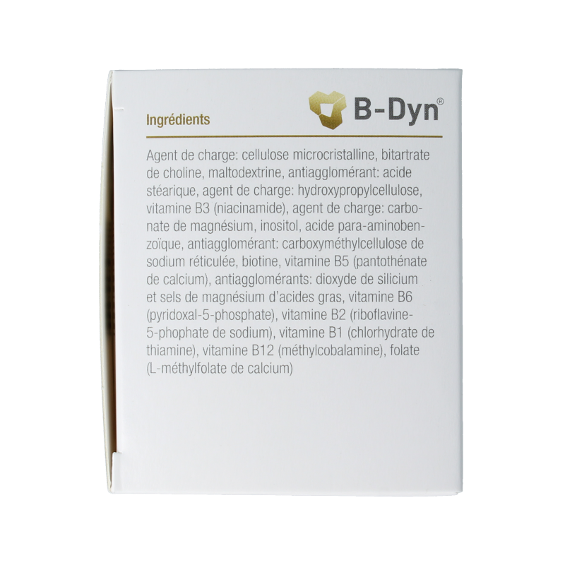 Metagenics B-Dyn multivitamin tablets, dietary supplement with B vitamins, shown in blister pack for daily health support.