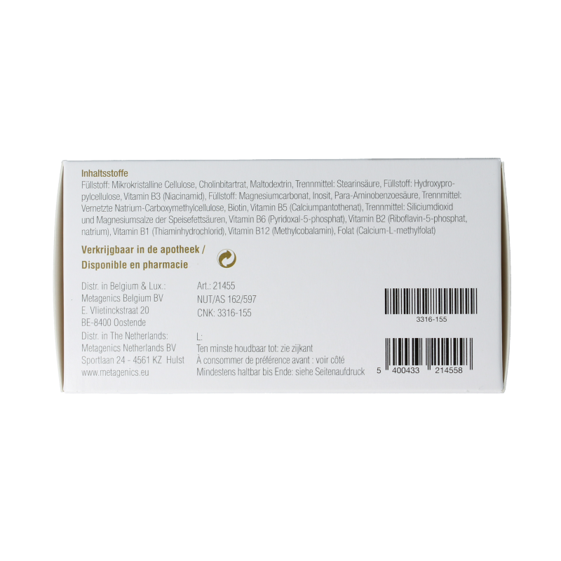 Metagenics B-Dyn multivitamin tablets, dietary supplement with B vitamins, shown in blister pack.