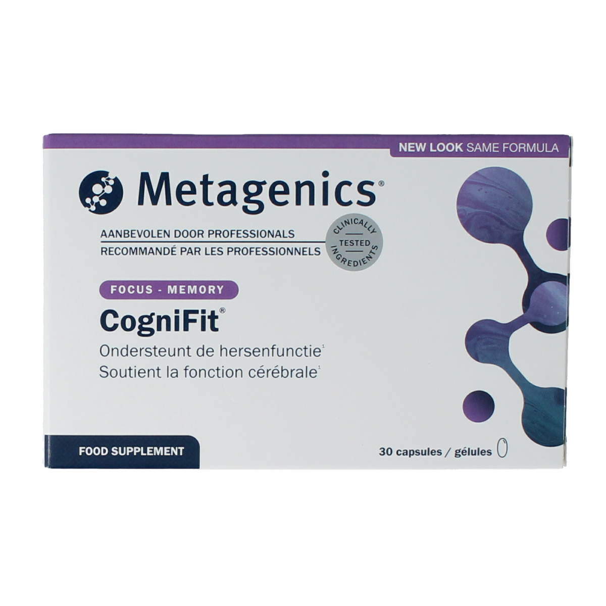 Metagenics Cognifit capsules for mental focus and alertness, displayed in a bottle with label and capsules inside.