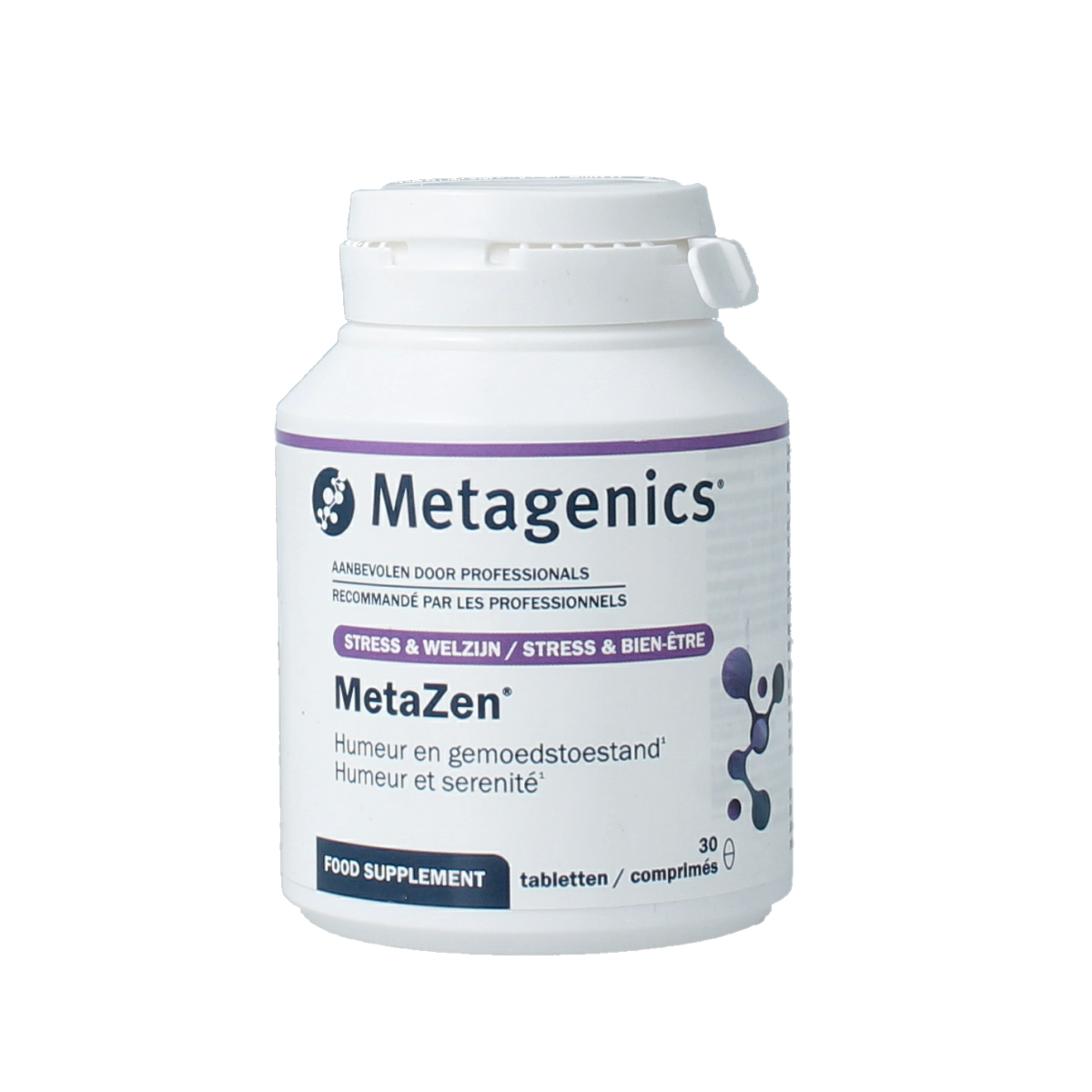 A bottle of Metagenics Metazen amino acid tablets, 30 count, with the label showing dietary supplement information.