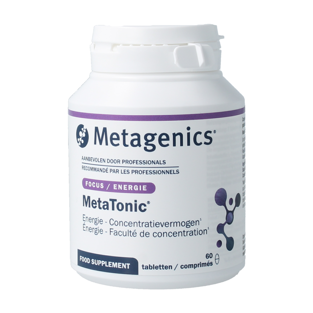 Bottle of Metagenics Metatonic amino acid tablets with 60 pills, showing the supplement packaging and label.